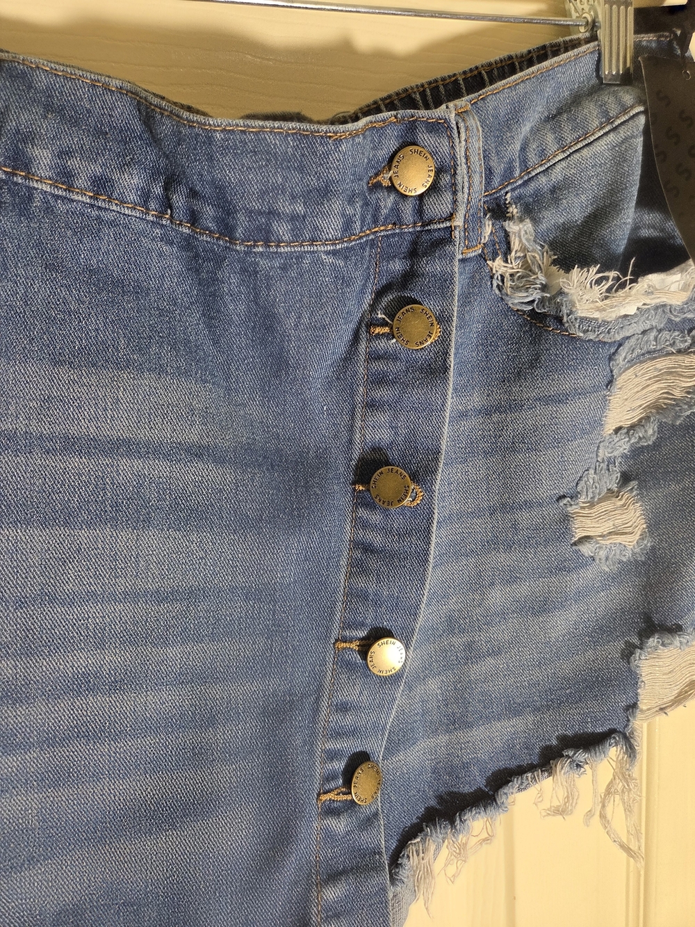 SHEIN Blue Distressed High-Waist Button-Front Denim Shorts - Picture 2 of 5